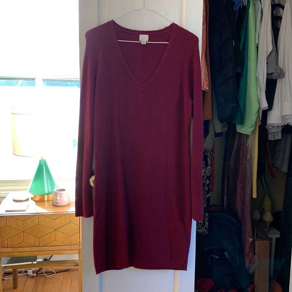 Deep red ribbed sweater dress